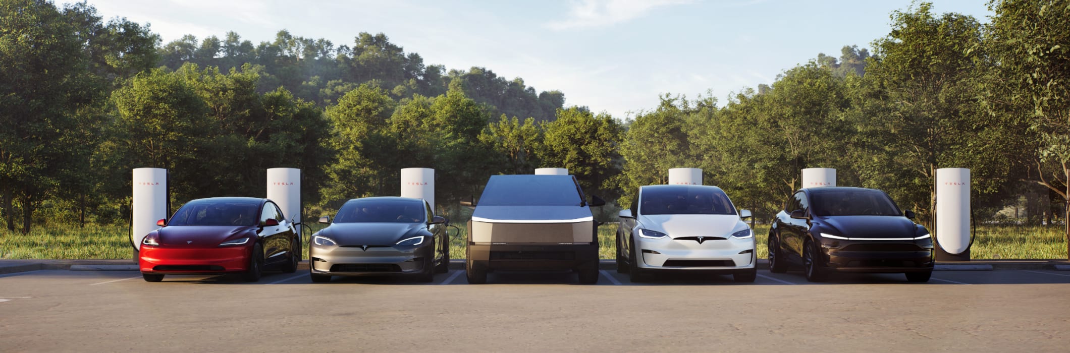 Tesla vehicle lineup at charging stations