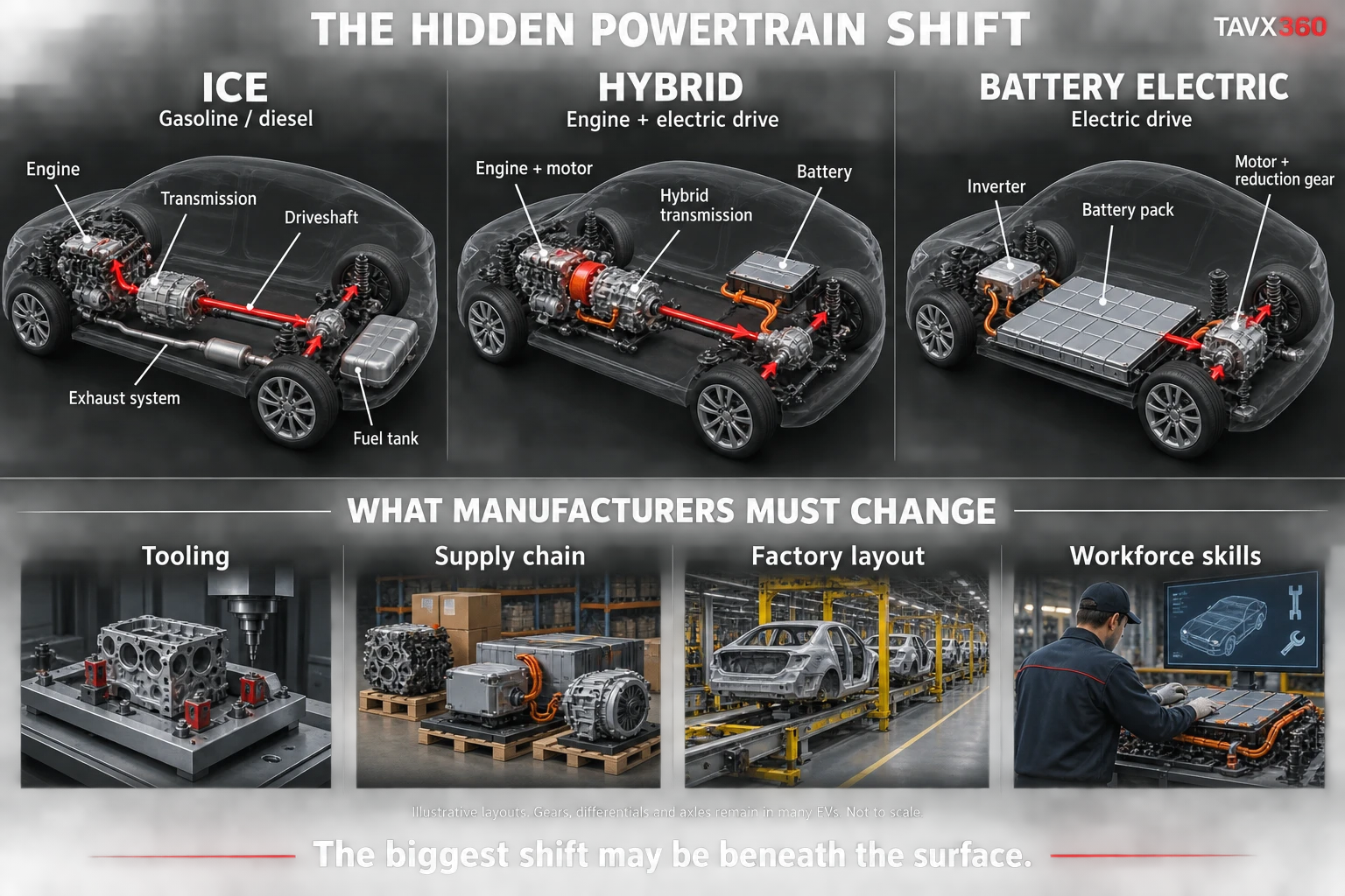 Combustion, hybrid, and electric powertrain transition infographic