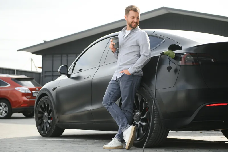 Member taking a coffee break beside a charging Tesla