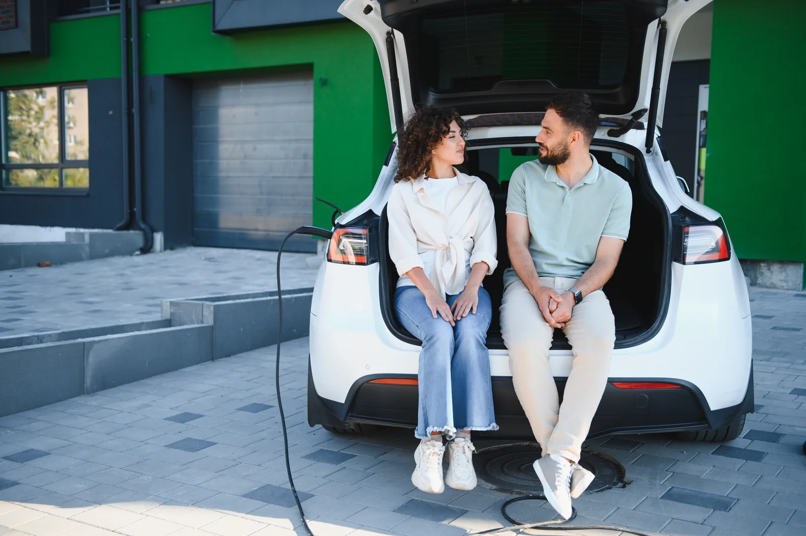 Two people chatting beside an electric car while charging