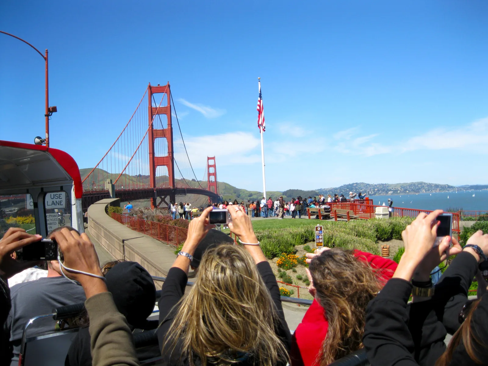 Visitors taking photos at the Golden Gate Bridge